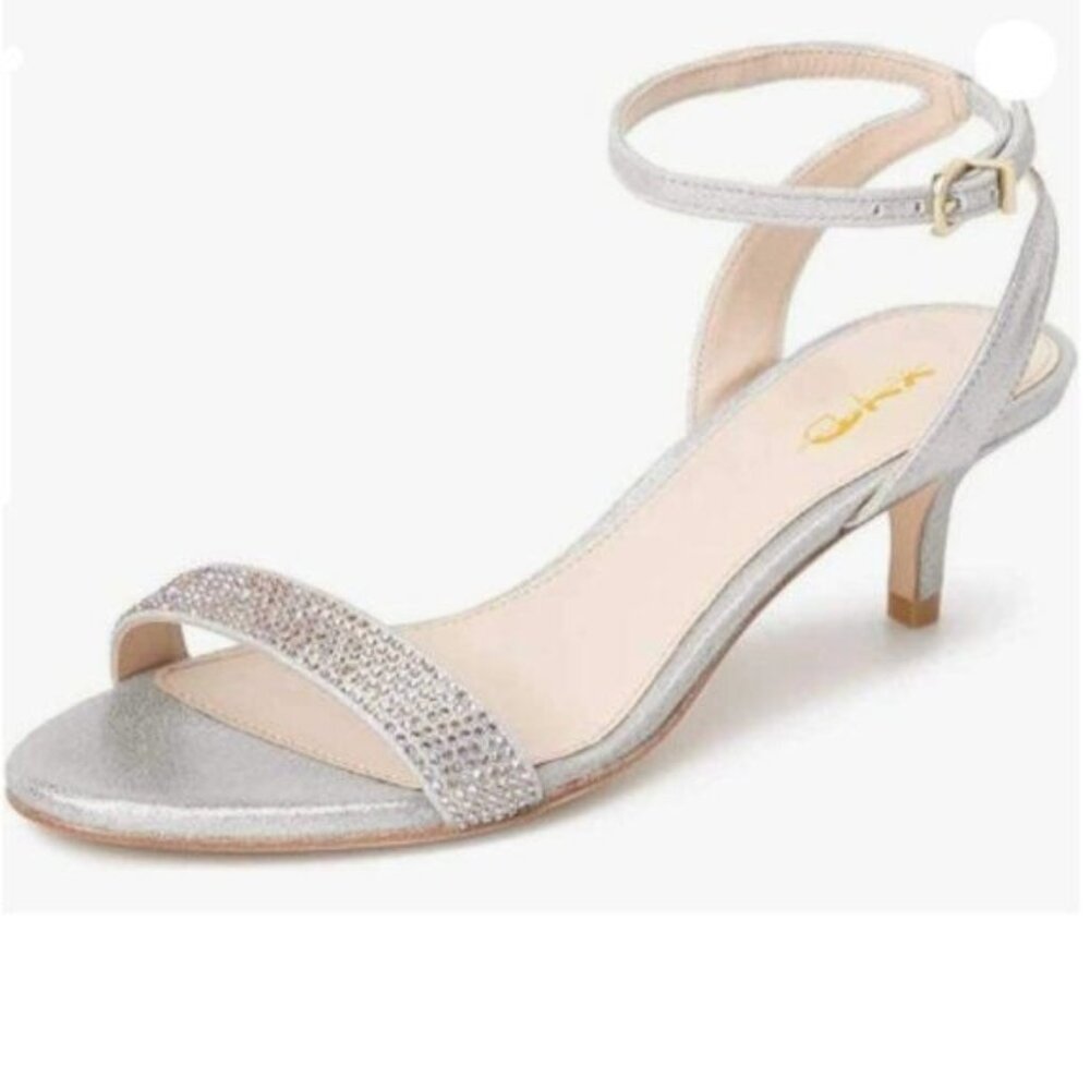 XYD Silver Open Toe Ankle Strap Kitten Heel Rhinestones Studded Buckle Sandals